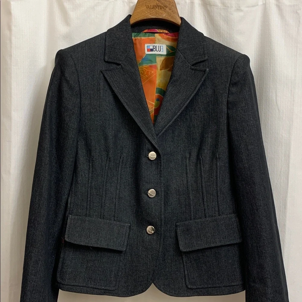 Vintage Black Denim Tailored Structured Blazer Jacket with Colorful Lining